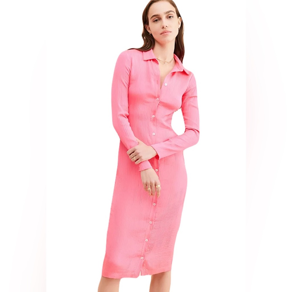 Amanda Uprichard Philips Midi Dress Button Down Long Sleeve Pink Womens New